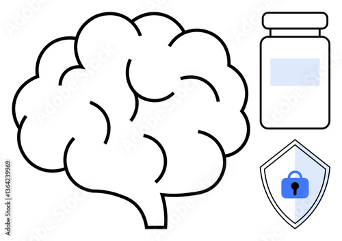 Brain outline next to a medication bottle and a shield with a lock. Ideal for mental health, security, protection, medication, cognitive science, safety, healthcare. Abstract line flat metaphor