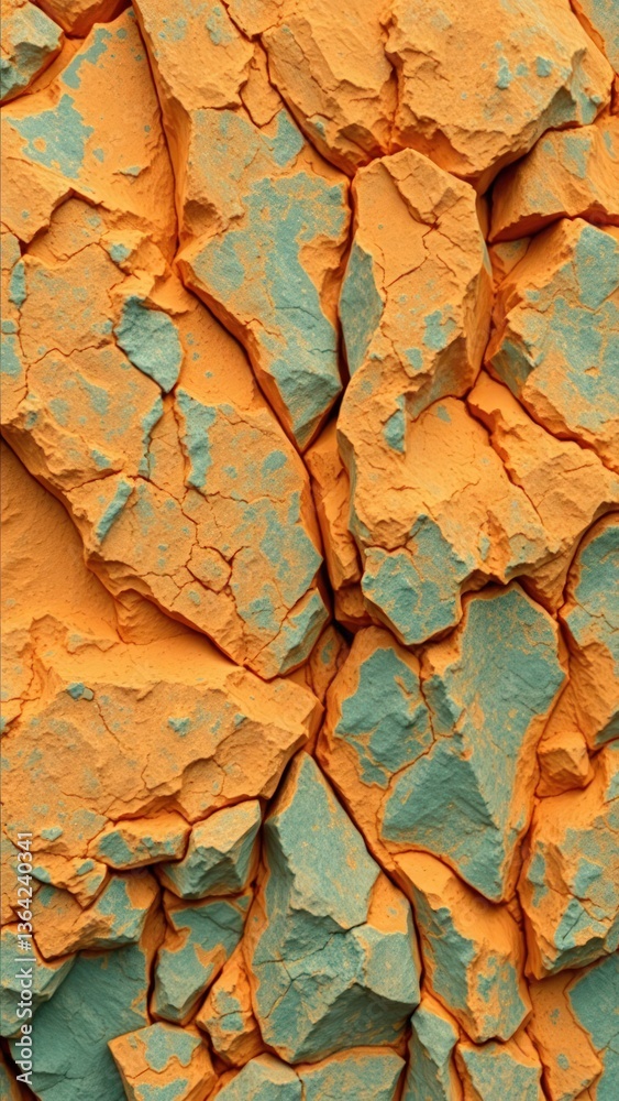 Orange teal modern background for design. Toned rock formation texture. Rocky cliff. Rough mountain surface. Close-up. Blue green stone granite. 3d. Wallpaper. Grunge. Orange teal modern background for design. Toned rock formation texture. Rocky cliff. Rough mountain surface. Close-up. Blue green stone granite. 3d. Wallpaper. Grunge.