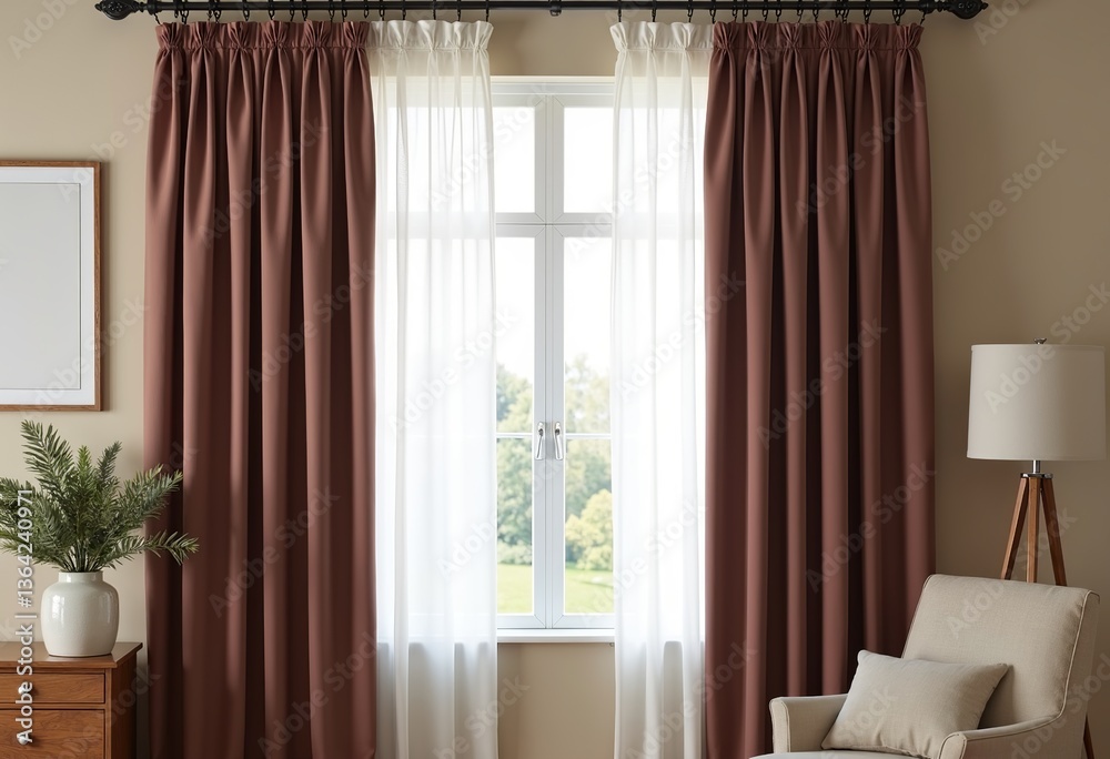 Fototapeta premium Create a stylish and inviting space with this interior design showcasing brown pencil-like curtains, beige linen café-style drapes, and blackberry-colored modern window curtains against a white backdr