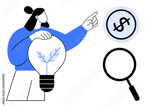 Woman holds lightbulb with a sprouting leaf, pointing toward a dollar sign encircled within a magnifying glass. Ideal for innovation, finance, eco-friendly ideas, vision, research, growth