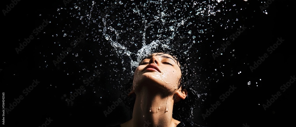 A person striking a dramatic pose while water splashes dramatically around them against a sleek black indoor backdrop with stylized cinematic lighting A person striking a dramatic pose while water splashes dramatically around them against a sleek black indoor backdrop with stylized cinematic lighting