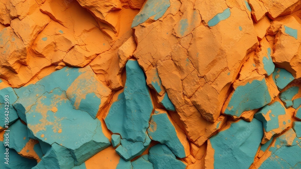 Naklejka premium Orange teal modern background for design. Toned rock formation texture. Rocky cliff. Rough mountain surface. Close-up. Blue green stone granite. 3d. Wallpaper. Grunge.