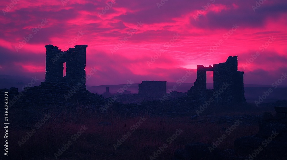 Fototapeta premium Pink sunset over ancient stone ruins in a misty field.