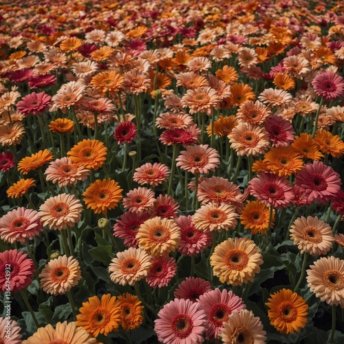 A farm of neat rows of gerbera daisies in every color imaginable.