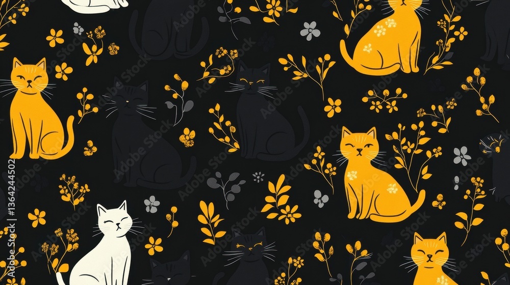 Naklejka premium Cute Cats Floral Seamless Pattern with Dark Background.