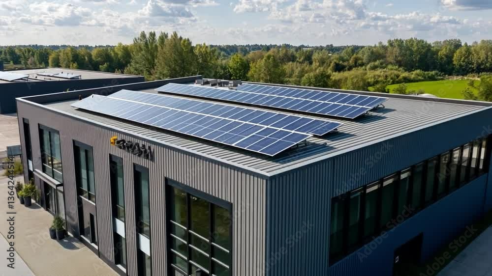 Solar Power Building: A modern building with solar panels on the roof, showcasing the integration of sustainable energy in a commercial environment.
