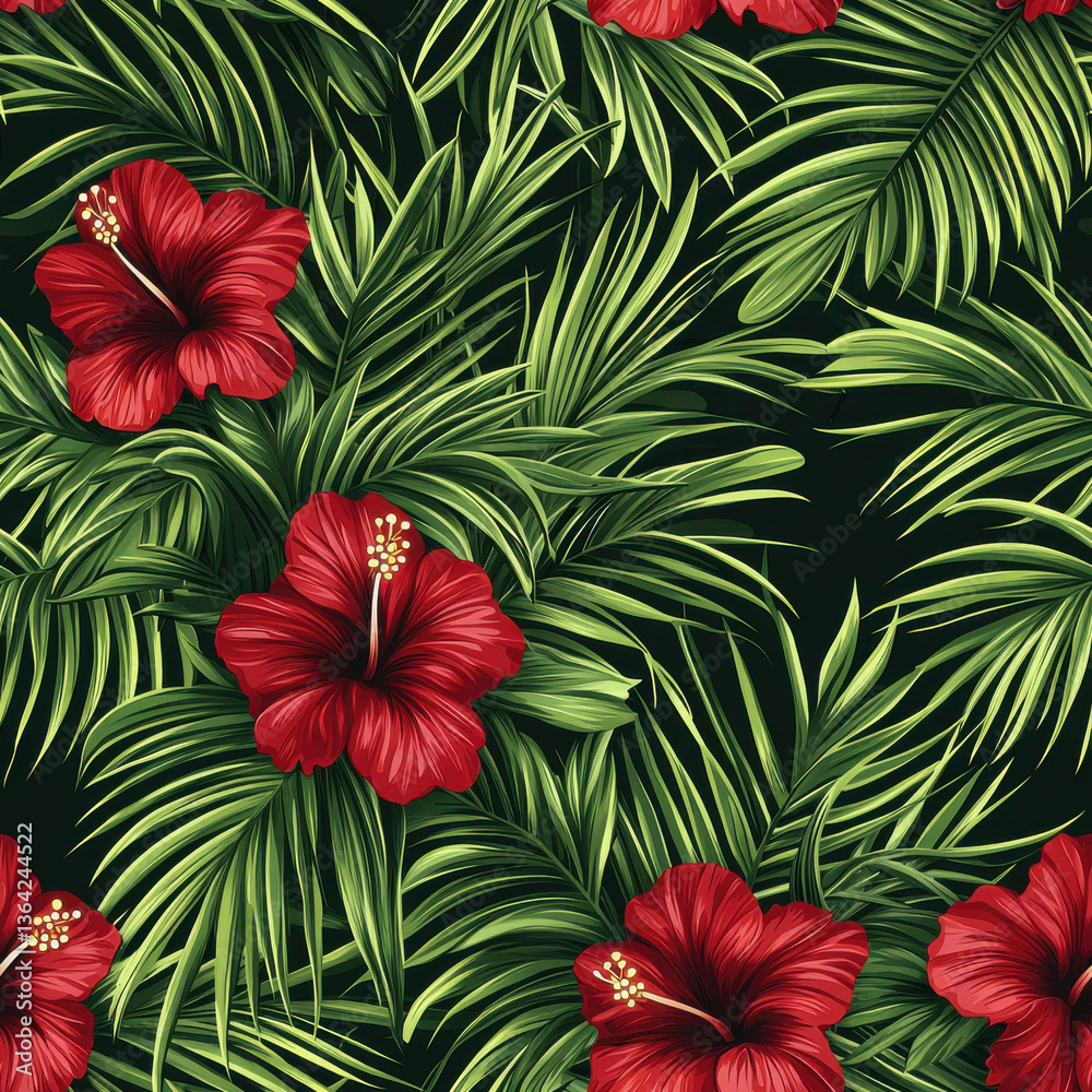 Red hibiscus flowers and green palm leaves on dark background in seamless pattern