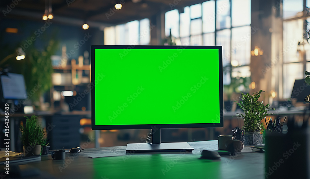 Fototapeta premium Modern Black Monitor with Green Screen on Desk in Stylish Office, Copy Space, Mockup