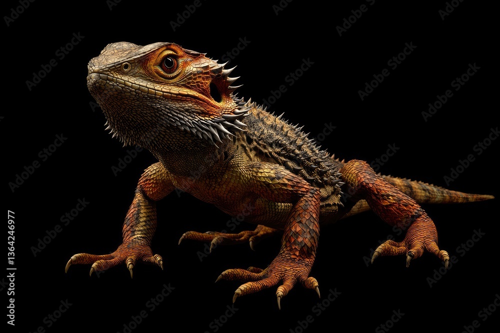 Obraz premium Bearded dragon standing alert, spiky scales, expressive eyes, realistic lighting, isolated.