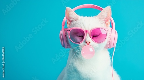 Wallpaper Mural A white cat wearing pink sunglasses and pink headphones is blowing bubbles Torontodigital.ca