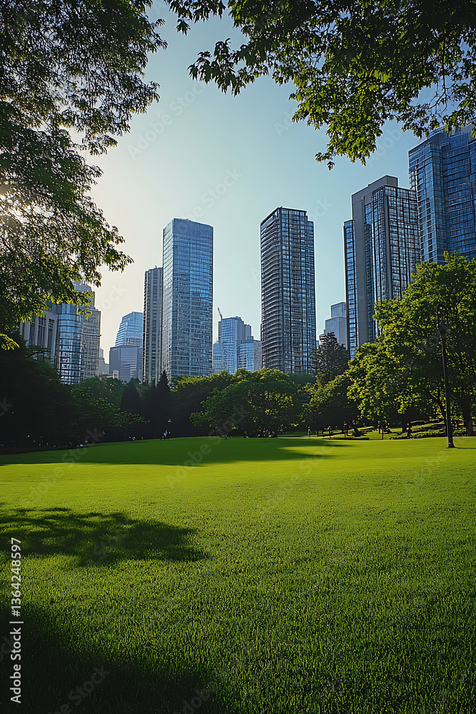 Obraz premium Green park in the city with skyscrapers in the background under the blue sky