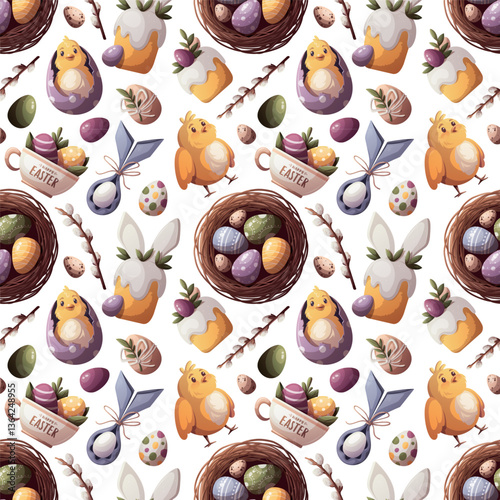 Easter seamless pattern with bird's nest, decorated easter eggs, chickens, Easter cakes. Vector illustration for scrapbooking, background, wrapping paper.