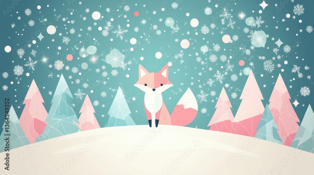 Naklejka premium Cute Fox Winter Snow Scene with Holiday Card.