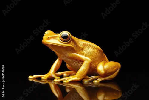 Golden tree frog sitting, smooth glossy skin reflecting soft light, detailed webbed fingers, isolated.