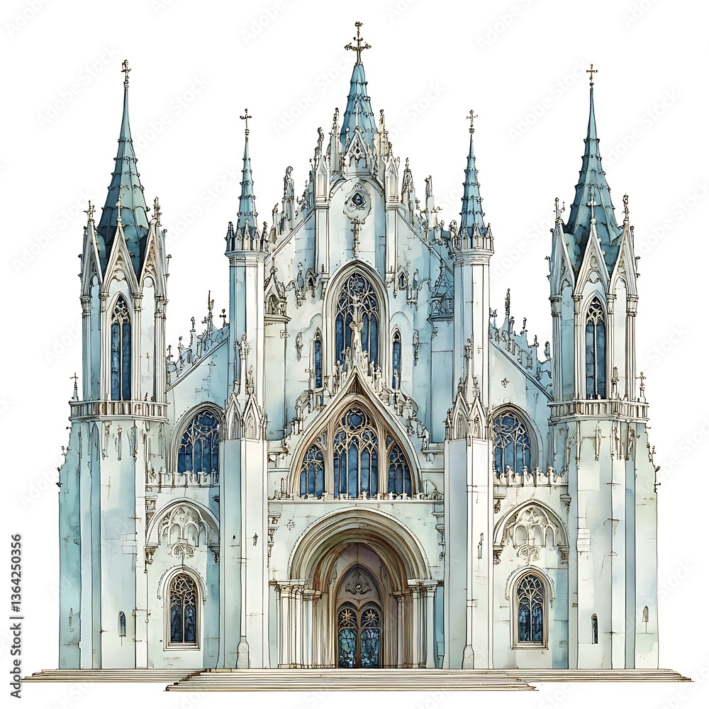 Fototapeta premium Majestic Gothic Cathedral Facade Architectural Illustration.
