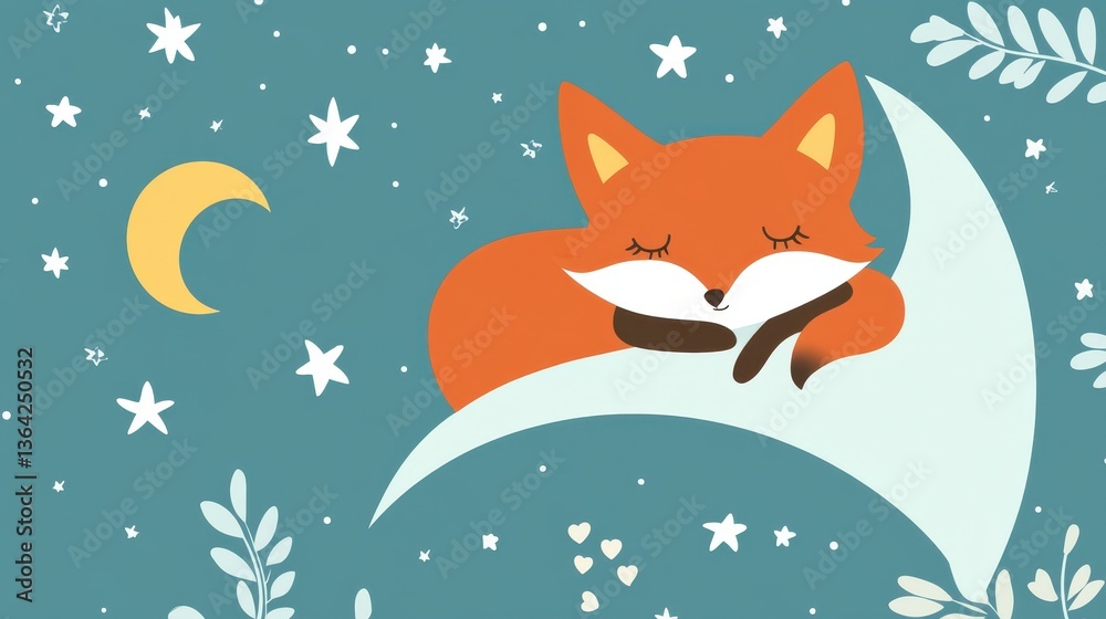 Fototapeta premium Cute Fox Sleeping Moon Night Stars Illustration.