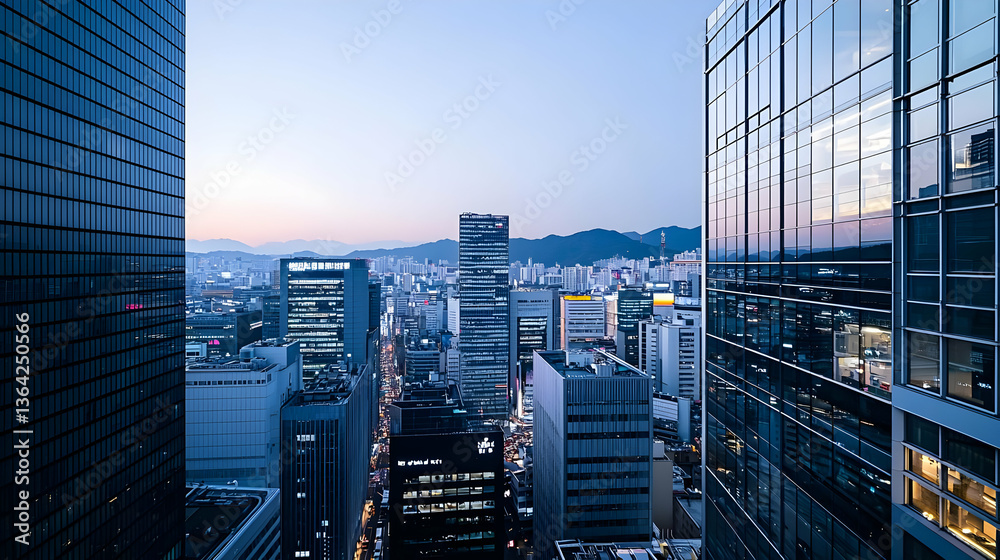 Obraz premium Modern City Buildings At Dusk With Reflection And Illuminated Windows Showing Urban Night Skyline Architecture
