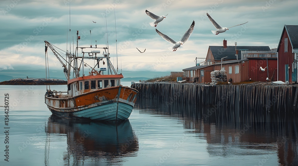 Obraz premium Rustic Fishing Boat Harbor Serenity Seagulls of excellence in splendor beyond compare with grace