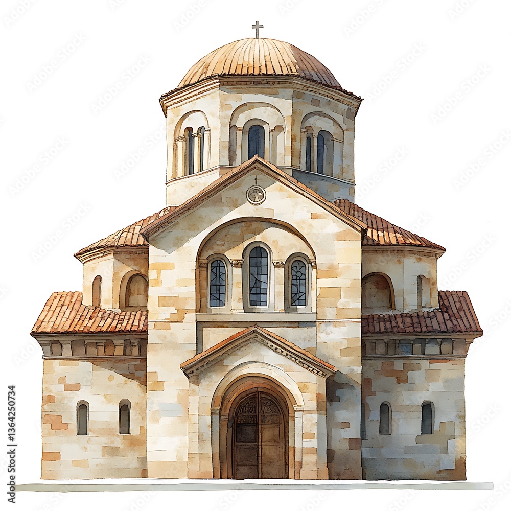 Obraz premium Architectural Illustration of a Traditional Stone Church with Dome. This detailed illustration showcases the intricate design and craftsmanship of a historical religious building.