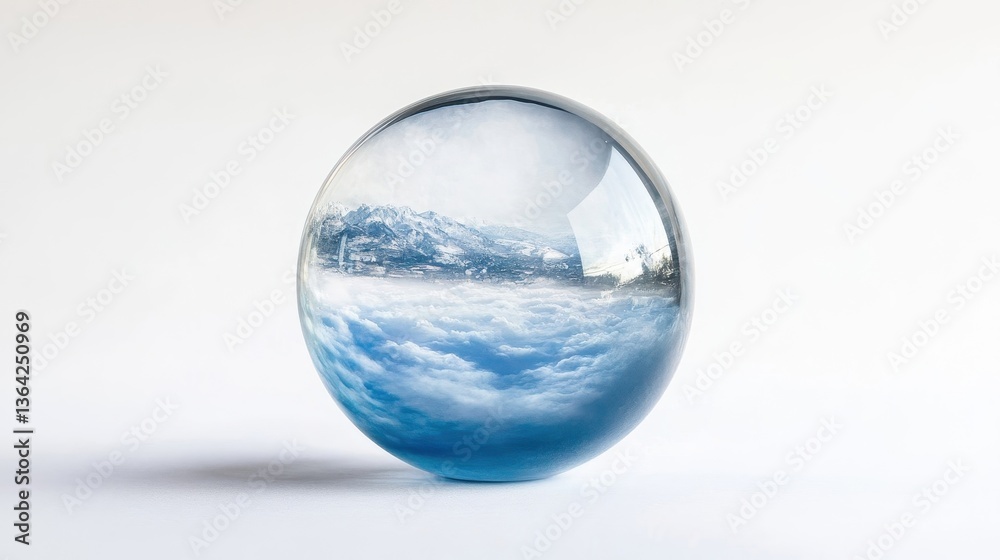A crystal ball reflecting mountains and clouds in a landscape scene A crystal ball reflecting mountains and clouds in a landscape scene