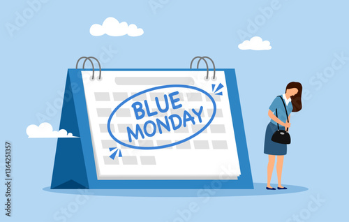 Blue Monday. Tired of routine office work, sadness worker, sleepy and frustrated on Monday morning, tired and sleepy businesswoman going to work with calendar showing Monday.