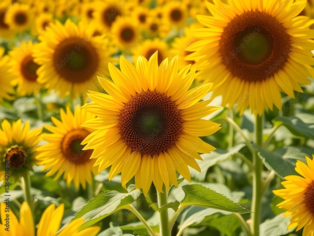 Sunflower Field Bright Yellow Bloom Closeup, Green Leaves, Floral Photography, Sunshine, Nature Beauty, Summer.