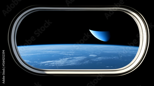Obraz na płótnie Earthrise view from spacecraft window; crescent planet visible; dark space background; ideal for space travel, science fiction w salonie