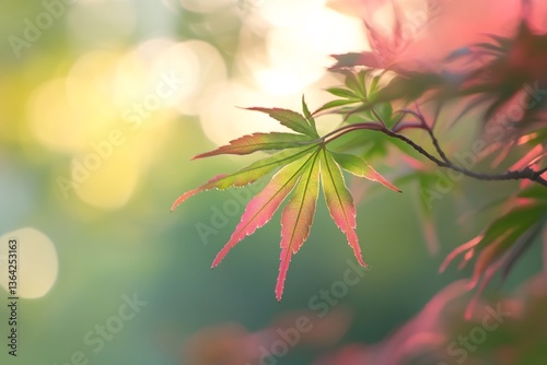 Wallpaper Mural  The bright, finely serrated leaves of a Japanese maple glowing in the soft morning sun, with a mix of green and red hues.  Torontodigital.ca