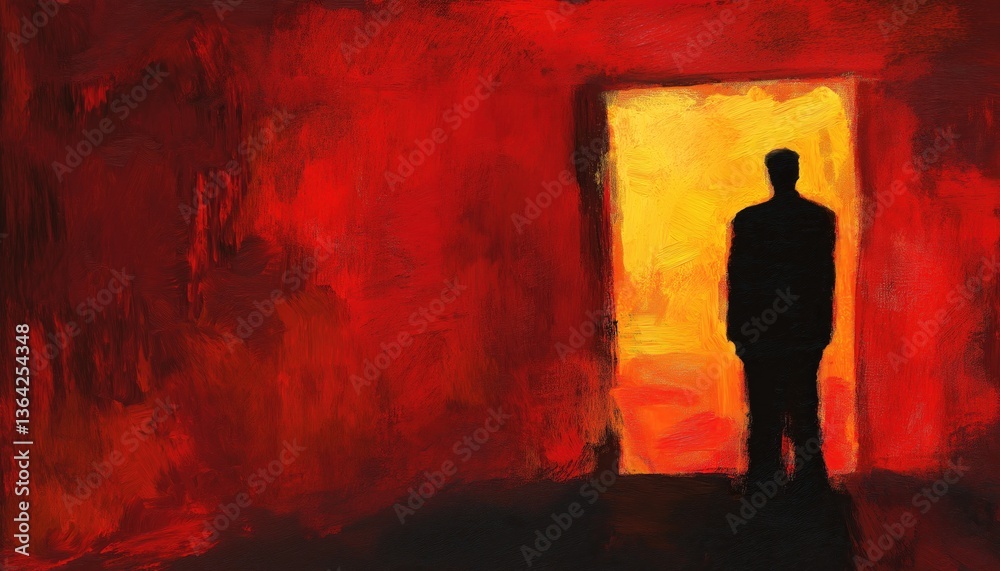 Obraz premium Silhouette Facing Doorway Economic Risk and Uncertain Future Abstract