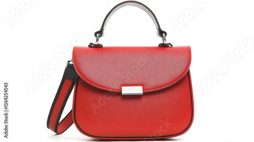 A red purse with a black strap and a silver chain