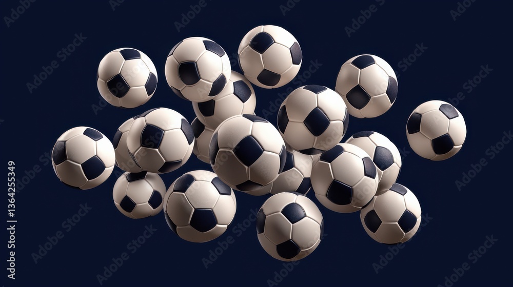 A collection of classic black and white soccer balls on a dark background. A collection of classic black and white soccer balls on a dark background.