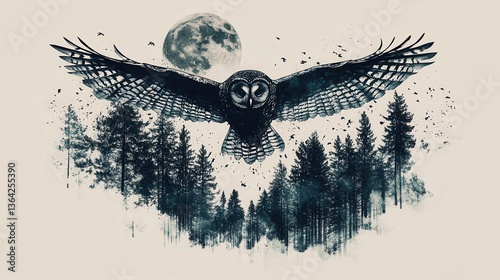Majestic Owl Flying Night Forest Moon.