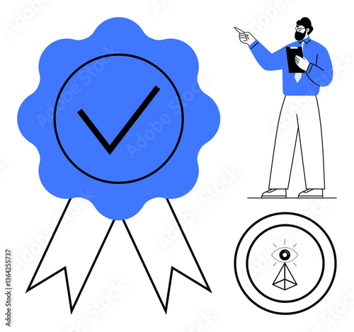 Large badge with checkmark, man pointing with clipboard, abstract insight symbol. Ideal for achievement, leadership, guidance, decision-making, innovation recognition education. Flat simple