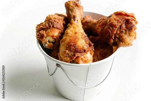 Fried Chicken in Paper Bucket Isolated on White Background, Image Ai Generate