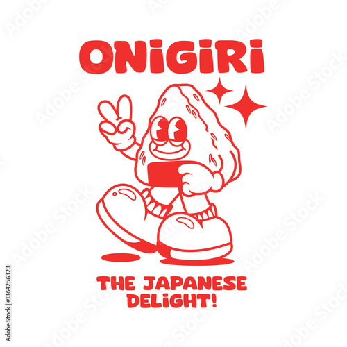 Funny cartoon character of onigiri japanese food. Can be used as Sticker, posters, prints. Retro cartoon style. Vector illustration