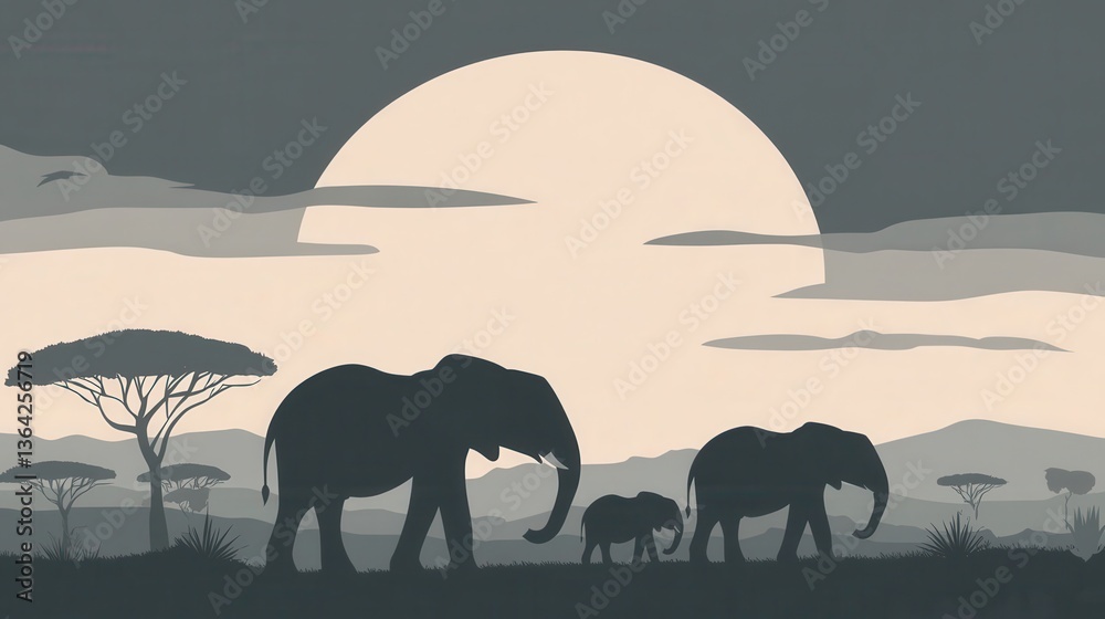 Fototapeta premium African Elephant Family Sunset Silhouette.