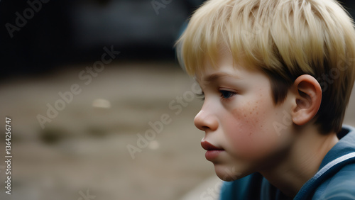 Young Blond Boy Playing Outside All Alone