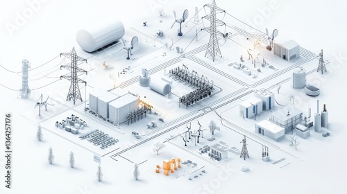Snowy winter landscape featuring wind turbines and electrical transmission towers and infrastructure in a rural mountainous environment