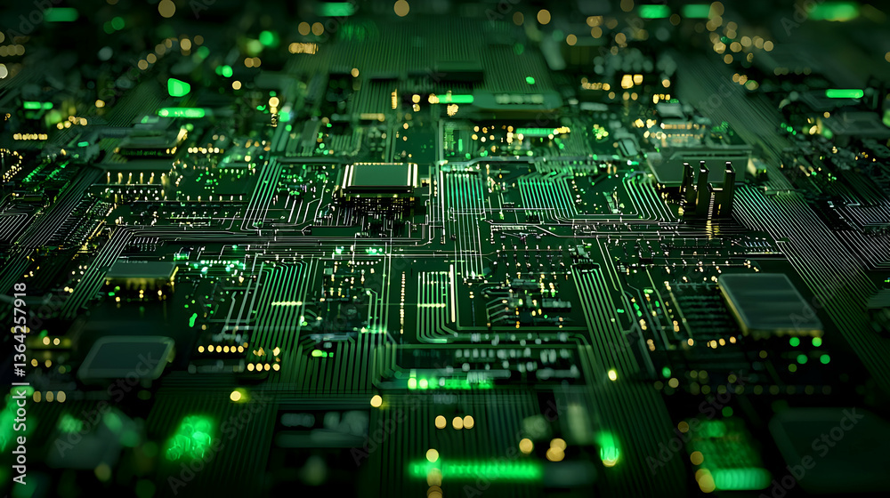 Intricate Circuit Board Pattern With Green And Yellow Lights Intricate Circuit Board Pattern With Green And Yellow Lights