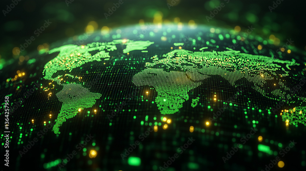 Fototapeta premium Digital world map glowing in green and yellow tones 