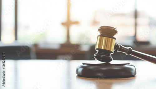 Wallpaper Mural gavel rests wooden table symbolizing law and justice, representing legal system and court proceedings. atmosphere conveys seriousness Torontodigital.ca