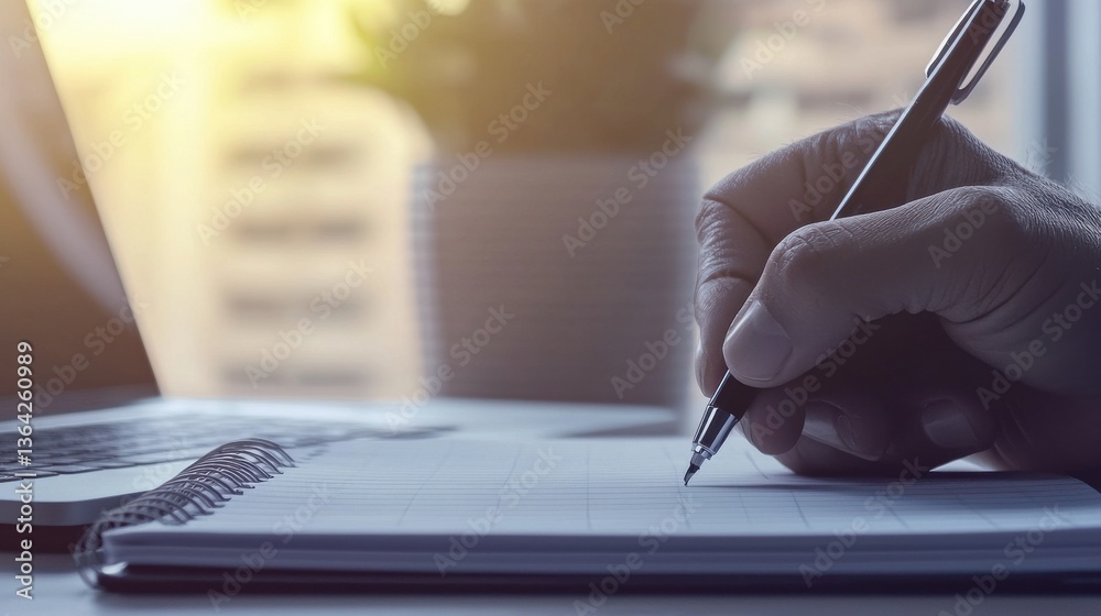 Naklejka premium Close up view of a hand holding a pen and writing on a piece of paper placed on a desk in a professional workspace The desk also features a laptop computer coffee mug and other office supplies