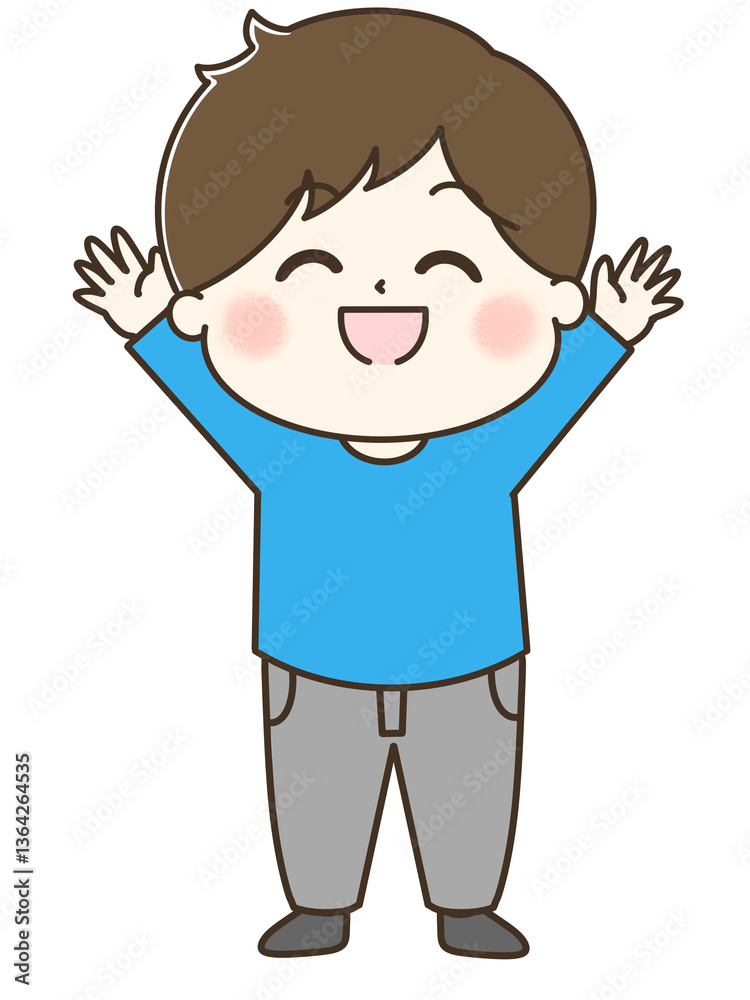 万歳する笑顔の男の子の全身ゆるかわイラスト