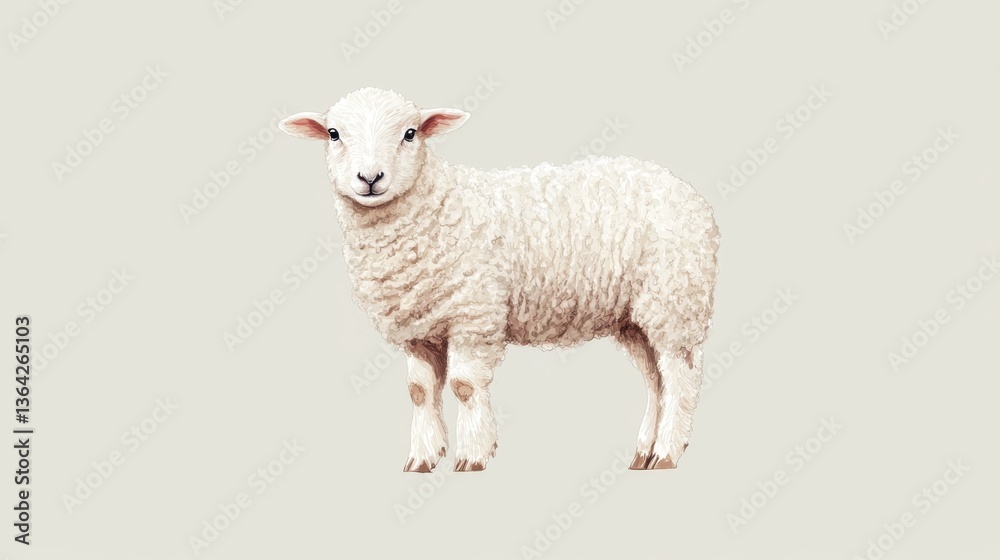 Naklejka premium Cute and Fluffy Sheep Standing on a Soft Green Background