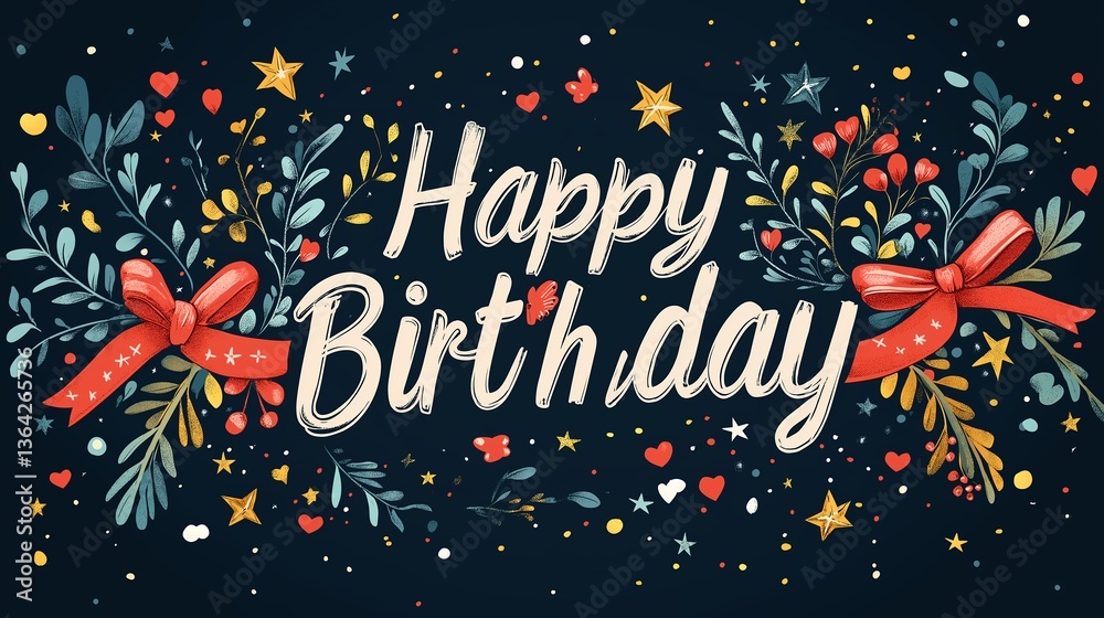 Fototapeta premium A cheerful Happy Birthday message adorned with vibrant floral bouquets and festive red bows, scattered with stars and hearts on a dark background.