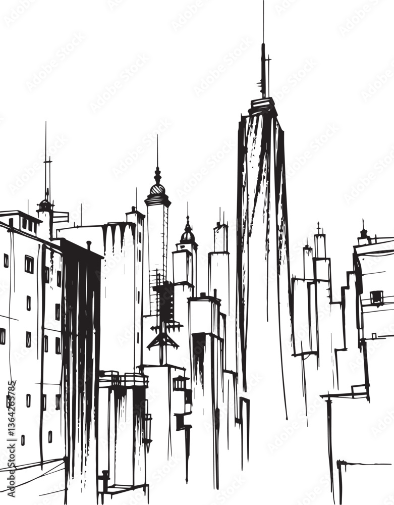 Obraz premium City landscape. Different buildings on street, outline cityscape hand sketch, flat houses. Hand drawn vector illustration