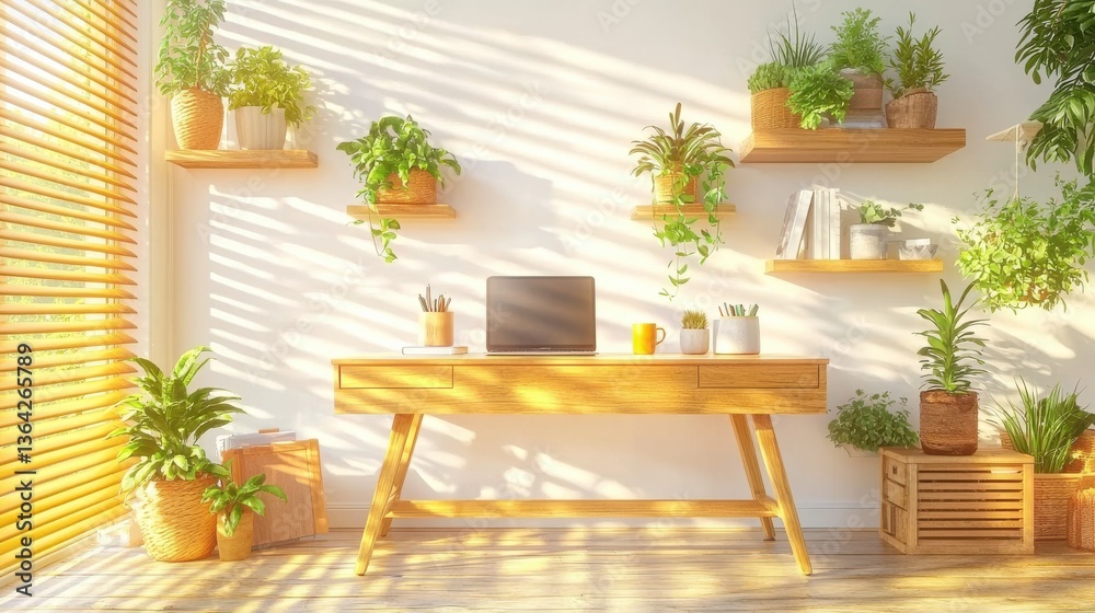 Fototapeta premium Cozy and Productive Home Office with Wooden Desk Laptop and Houseplants Displayed on Shelves under Bright Window Minimalist and Natural Interior Design in Warm Lighting