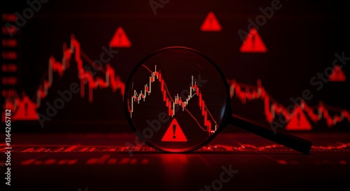 Alerta del mercado de valores con tendencia bajista roja y señales de advertencia