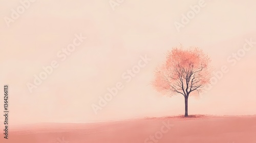 Solitary tree in soft pink landscape, tranquil and serene setting, perfect for inspirational quotes or nature themes.