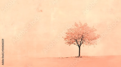 Single solitary tree with soft pink foliage, serene landscape with gentle pastel background, perfect for tranquility themes.